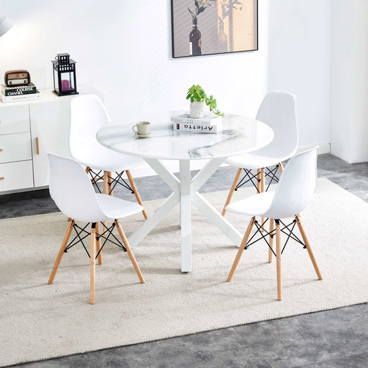 1+4,5pieces dining set,42.1"WHITE Table cross leg Mid-century Dining Table for 4-6 people With Round Mdf Table Top, Pedestal Dining Table, End Table Leisure Coffee Table