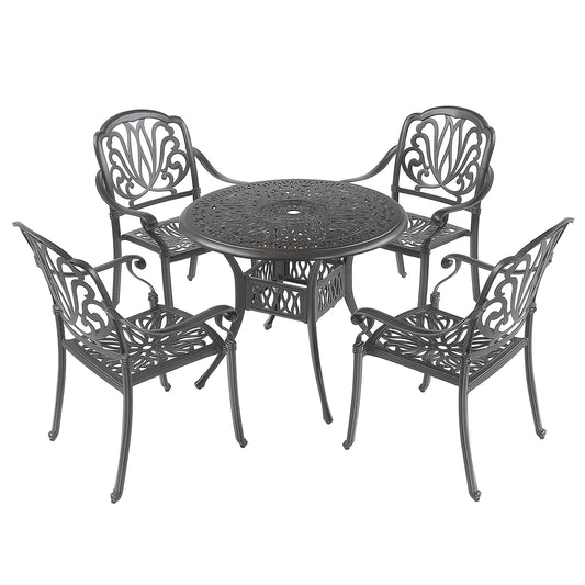 5PCS Outdoor Furniture Dining Table Set All-Weather Cast Aluminum Patio Furniture Includes 1 Round Table and 4 Chairs with Umbrella Hole for Patio Garden Deck, Lattice Weave Design,BLACK COLOR