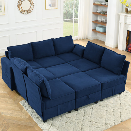 9 Seat Modular Sofa Set, Storage Sectional Sofa Couch Convertible King Sofa Bed for Living Room, Navy Blue Corduroy Velvet